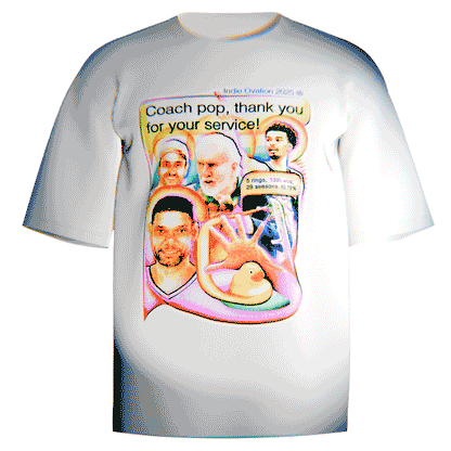 White and black Comfort Colors tees with a colorful collage of Coach Popovich, Tim Duncan, Manu Ginobili, and Victor Wembanyama, featuring a raised hand and rubber duck in a surreal, vintage-style tribute to the Spurs dynasty.