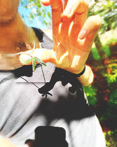 Man wearing and holding up a 1-inch stainless steel Aphex Twin necklace