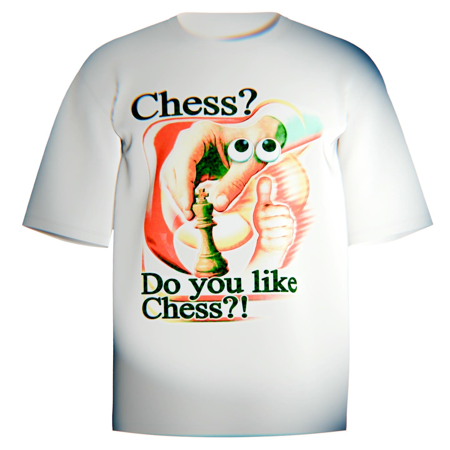 Soft Comfort Colors 100% cotton tee printed with our retro, sunlit chess graphic. A photographed hand places a king piece while playful googly eyes and a thumbs up turn the image into a cheeky, wearable moment. Clean, bold headline text frames the art so it reads from a distance and pops in photos.