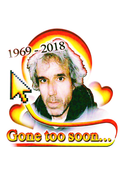 Terry Davis tribute poster with retro-web halo, pixel cursor, warm gradients, and “Gone too soon…” memorial styling.