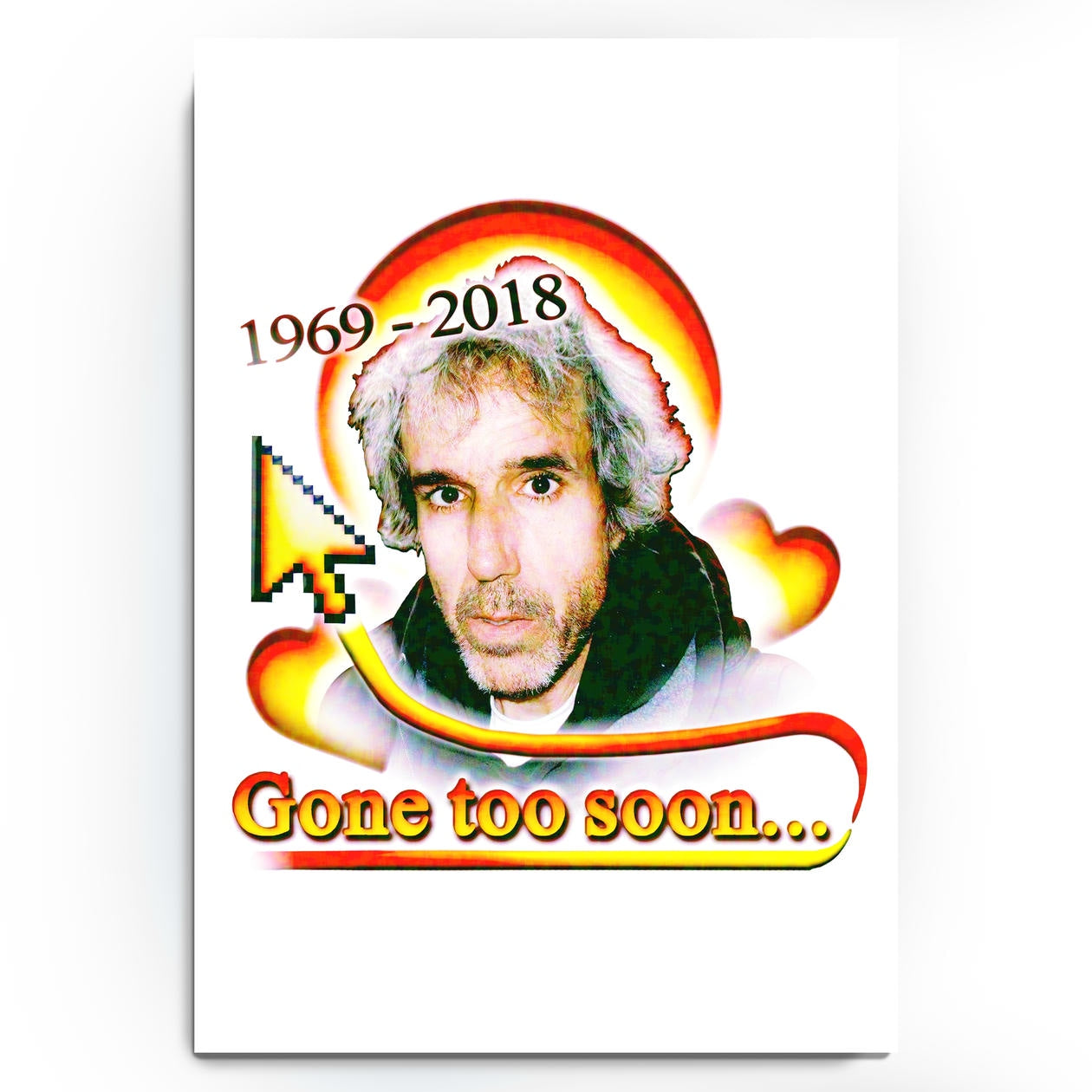 Terry Davis tribute poster with retro-web halo, pixel cursor, warm gradients, and “Gone too soon…” memorial styling.
