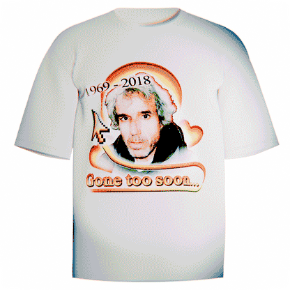 White Comfort Colors tee with Terry Davis tribute graphic featuring halo gradients, pixel cursor, and “Gone too soon…” memorial text.