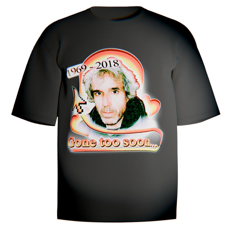 White Comfort Colors tee with Terry Davis tribute graphic featuring halo gradients, pixel cursor, and “Gone too soon…” memorial text.