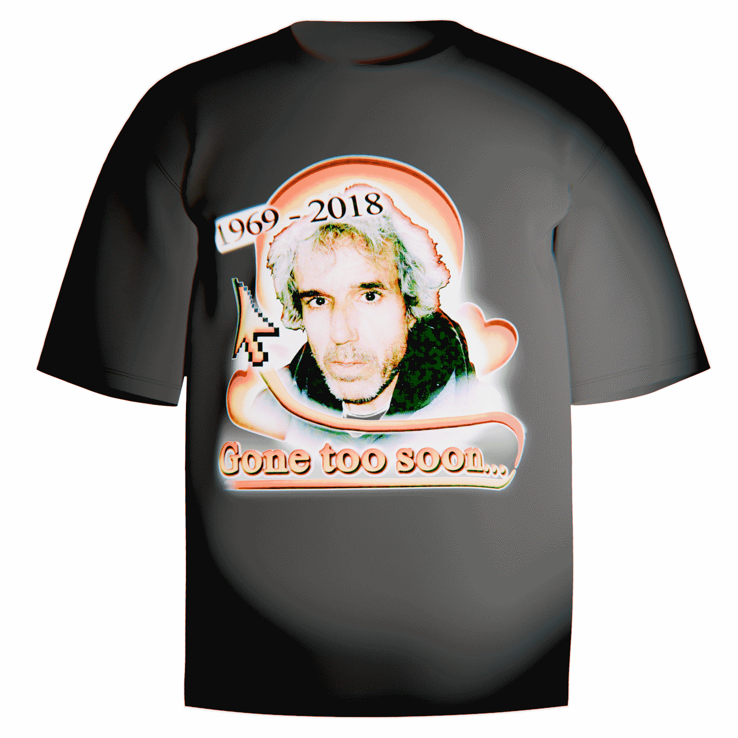 White Comfort Colors tee with Terry Davis tribute graphic featuring halo gradients, pixel cursor, and “Gone too soon…” memorial text.