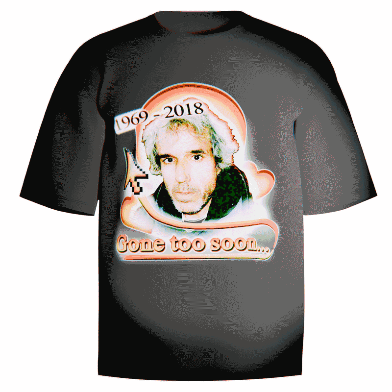 White Comfort Colors tee with Terry Davis tribute graphic featuring halo gradients, pixel cursor, and “Gone too soon…” memorial text.