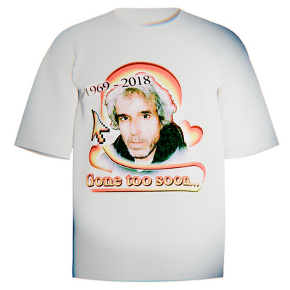 White Comfort Colors tee with Terry Davis tribute graphic featuring halo gradients, pixel cursor, and “Gone too soon…” memorial text.