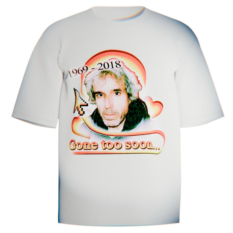 White Comfort Colors tee with Terry Davis tribute graphic featuring halo gradients, pixel cursor, and “Gone too soon…” memorial text.