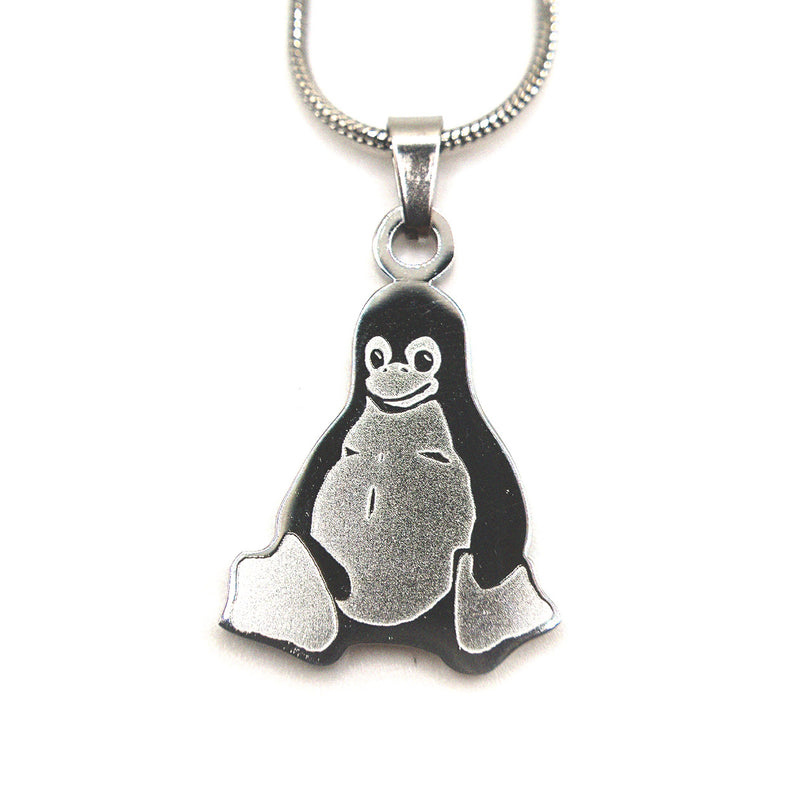 Stainless steel necklace with Tux the Linux penguin pendant on a chain, product photo on white background