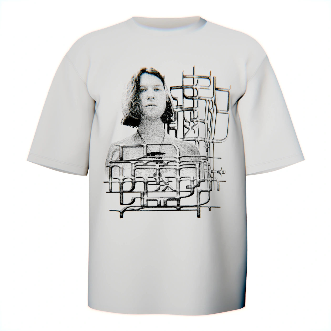 Vintage-inspired tee showing a grayscale face surrounded by abstract, techy line art.