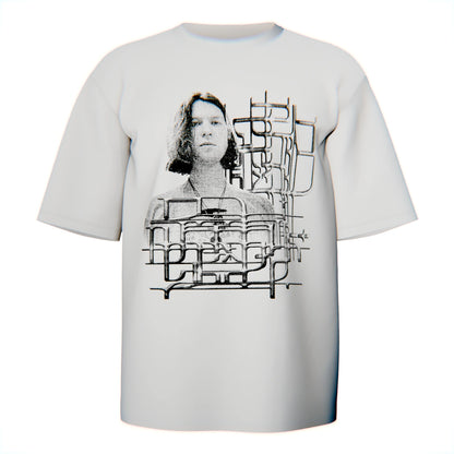 Vintage-inspired tee showing a grayscale face surrounded by abstract, techy line art.