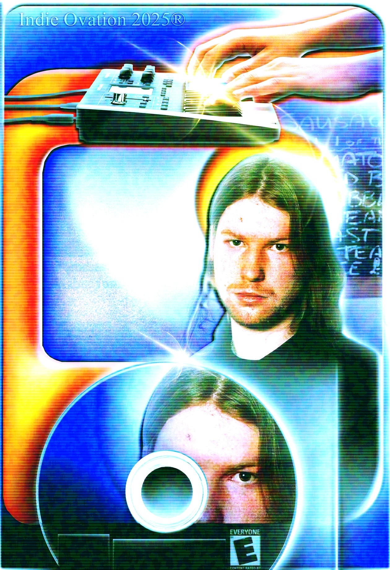 A vibrant, maximalist art poster titled "Disc Drive Drukqs" featuring a solarized portrait of Richard D. James (Aphex Twin). At the top, disembodied hands play a synthesizer. A large GameCube-style optical disc with the artist's face and an "E for Everyone" rating sits at the bottom. The design is covered in blue scanlines and neon-glow halos.