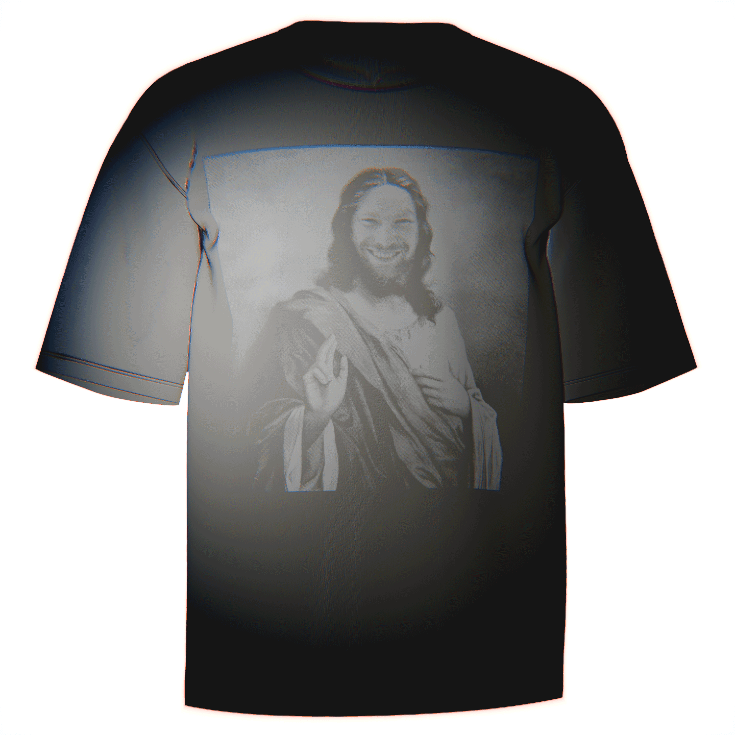 Flat-lay of a black Aphex Twin Jesus T-Shirt featuring a bold, sacred depiction of Richard D. James as Jesus in a direct-to-garment print. Made from ultra-soft Comfort Colors 100% ringspun cotton for a relaxed and breathable fit. A perfect statement piece for fans of Aphex Twin.