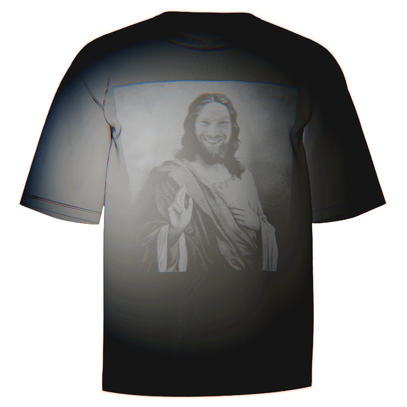 Flat-lay of a black Aphex Twin Jesus T-Shirt featuring a bold, sacred depiction of Richard D. James as Jesus in a direct-to-garment print. Made from ultra-soft Comfort Colors 100% ringspun cotton for a relaxed and breathable fit. A perfect statement piece for fans of Aphex Twin.