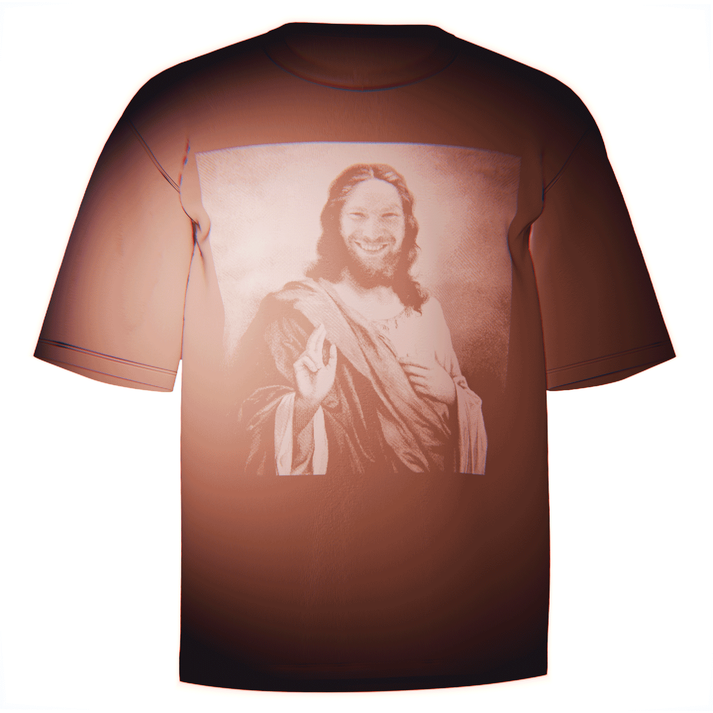 Flat-lay of a red Aphex Twin Jesus T-Shirt with a striking, artistic depiction of Richard D. James as Jesus. Crafted from durable and comfortable Comfort Colors 100% ringspun cotton. A must-have for Aphex Twin fans seeking bold and creative designs.