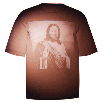 Flat-lay of a red Aphex Twin Jesus T-Shirt with a striking, artistic depiction of Richard D. James as Jesus. Crafted from durable and comfortable Comfort Colors 100% ringspun cotton. A must-have for Aphex Twin fans seeking bold and creative designs.