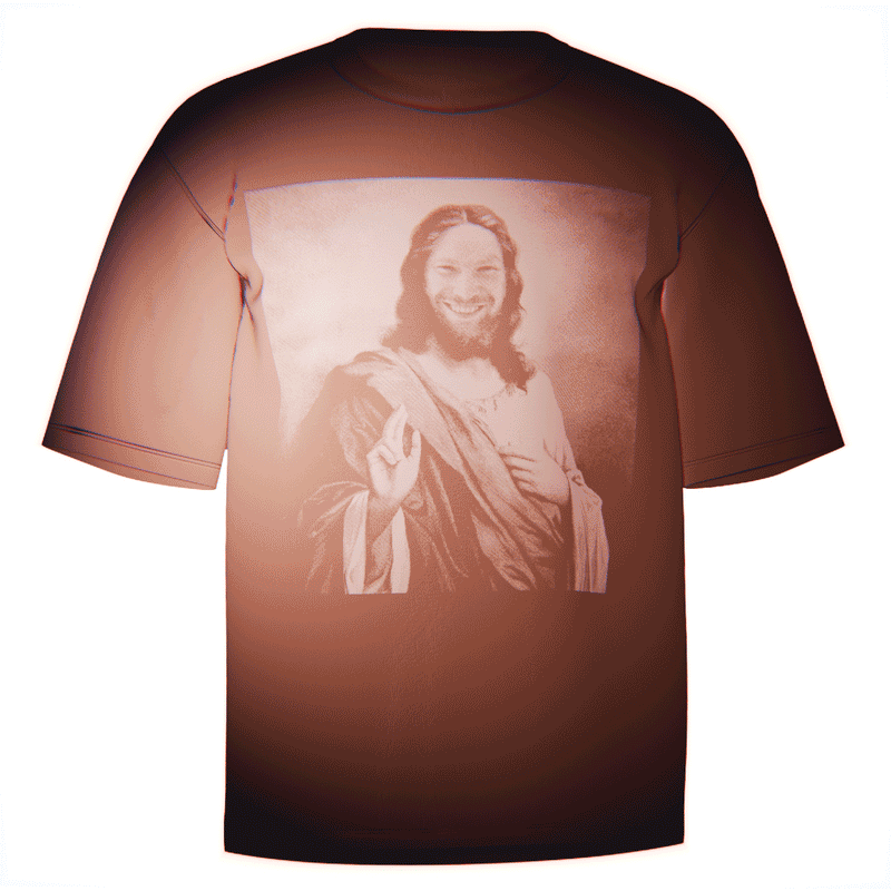Flat-lay of a red Aphex Twin Jesus T-Shirt with a striking, artistic depiction of Richard D. James as Jesus. Crafted from durable and comfortable Comfort Colors 100% ringspun cotton. A must-have for Aphex Twin fans seeking bold and creative designs.