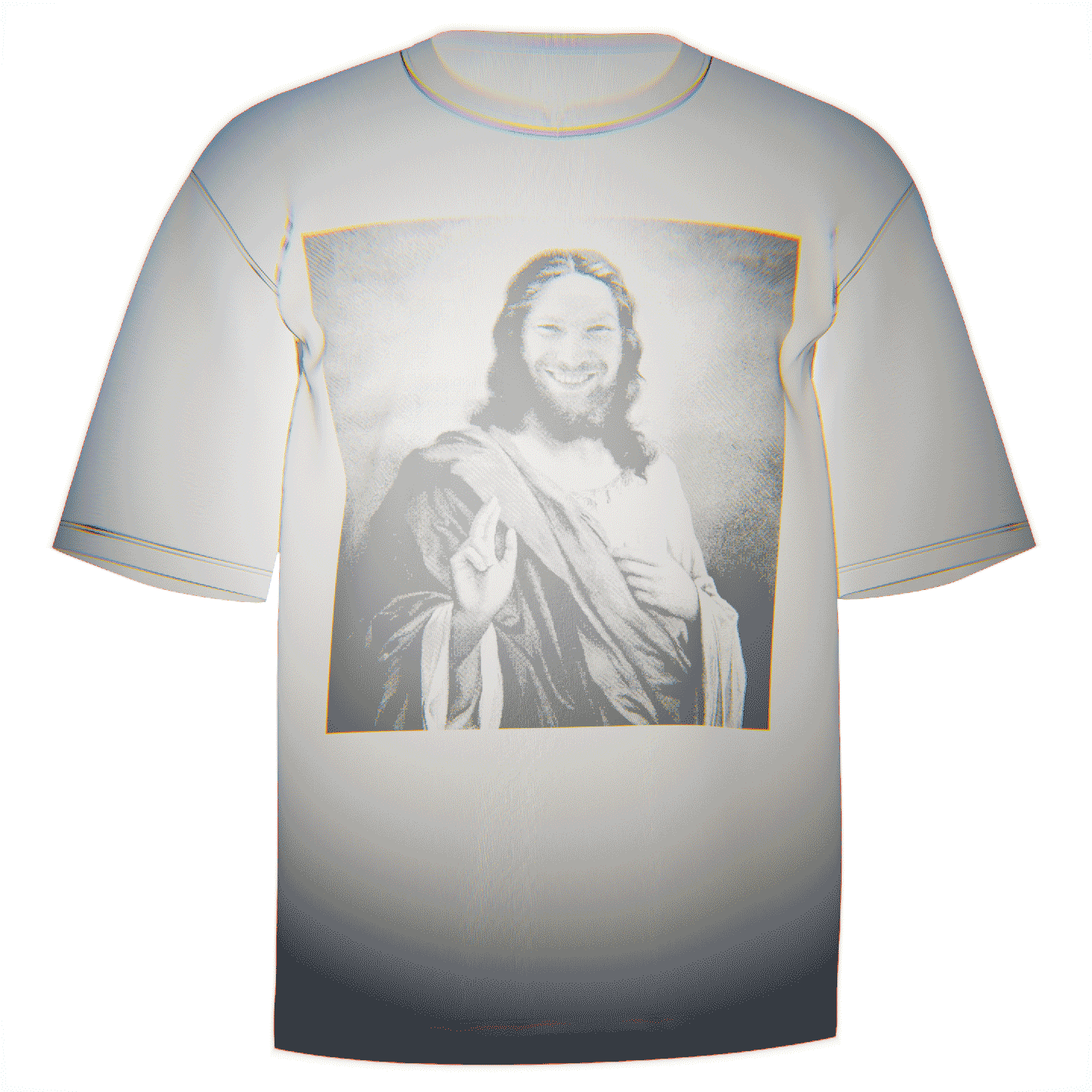 Flat-lay of a white Aphex Twin Jesus T-Shirt showcasing a holy depiction of Richard D. James as Jesus in a vivid, direct-to-garment print. Made in the USA from premium Comfort Colors 100% ringspun cotton. Perfect for expressing your admiration for Aphex Twin.
