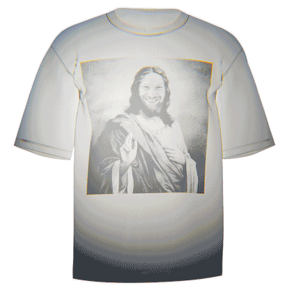 Flat-lay of a white Aphex Twin Jesus T-Shirt showcasing a holy depiction of Richard D. James as Jesus in a vivid, direct-to-garment print. Made in the USA from premium Comfort Colors 100% ringspun cotton. Perfect for expressing your admiration for Aphex Twin.
