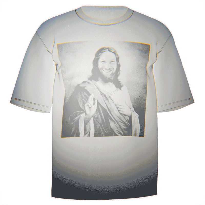 Flat-lay of a white Aphex Twin Jesus T-Shirt showcasing a holy depiction of Richard D. James as Jesus in a vivid, direct-to-garment print. Made in the USA from premium Comfort Colors 100% ringspun cotton. Perfect for expressing your admiration for Aphex Twin.