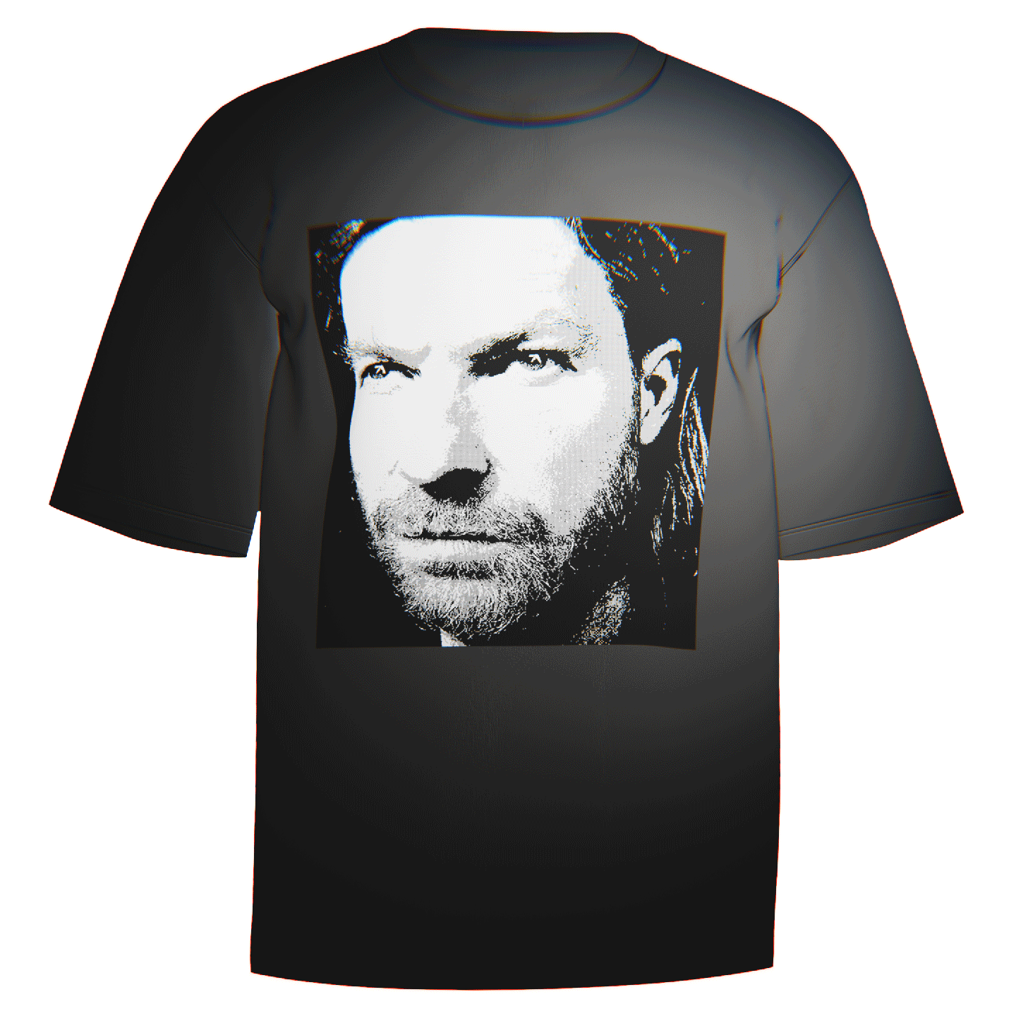 Flat-lay of a black Aphex Twin Logo Eyes T-Shirt featuring a captivating portrait of Richard D. James with his iconic logo shining in his eyes. Made from ultra-soft Comfort Colors 100% ringspun cotton for a relaxed and durable fit. Perfect for fans of electronic music legend Aphex Twin.