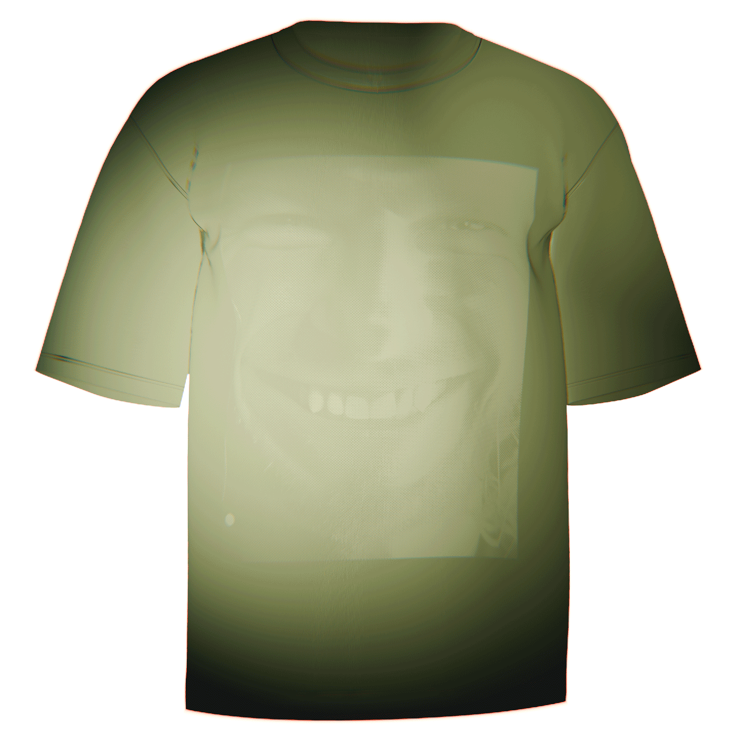Flat-lay of a green Aphex Twin Monochromatic T-Shirt featuring a bold, monochromatic print of Aphex Twin's iconic face. Made from ultra-durable LA Apparel 100% cotton for premium comfort and a relaxed fit. Perfect gift for fans of the electronic music legend Richard D. James.

