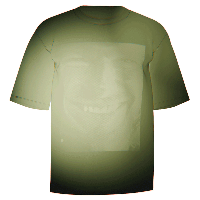 Flat-lay of a green Aphex Twin Monochromatic T-Shirt featuring a bold, monochromatic print of Aphex Twin's iconic face. Made from ultra-durable LA Apparel 100% cotton for premium comfort and a relaxed fit. Perfect gift for fans of the electronic music legend Richard D. James.

