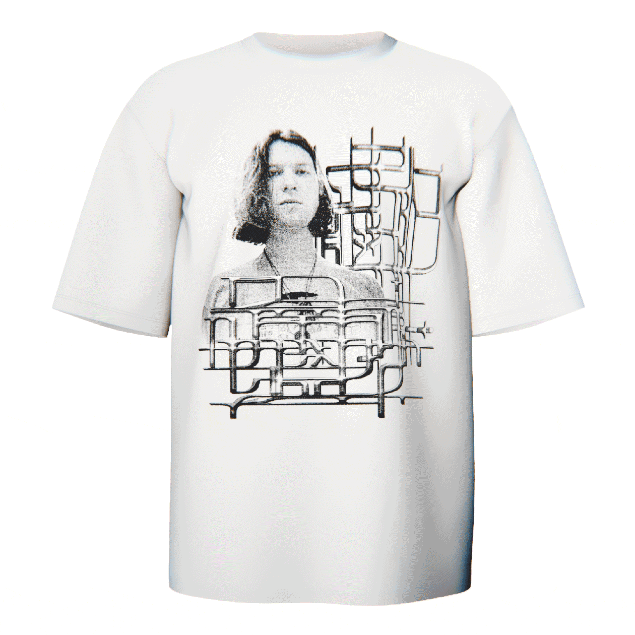 moving image of Vintage-inspired tee showing a grayscale face surrounded by abstract, techy line art.