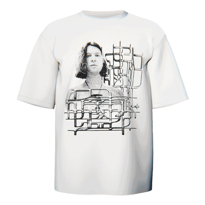 moving image of Vintage-inspired tee showing a grayscale face surrounded by abstract, techy line art.