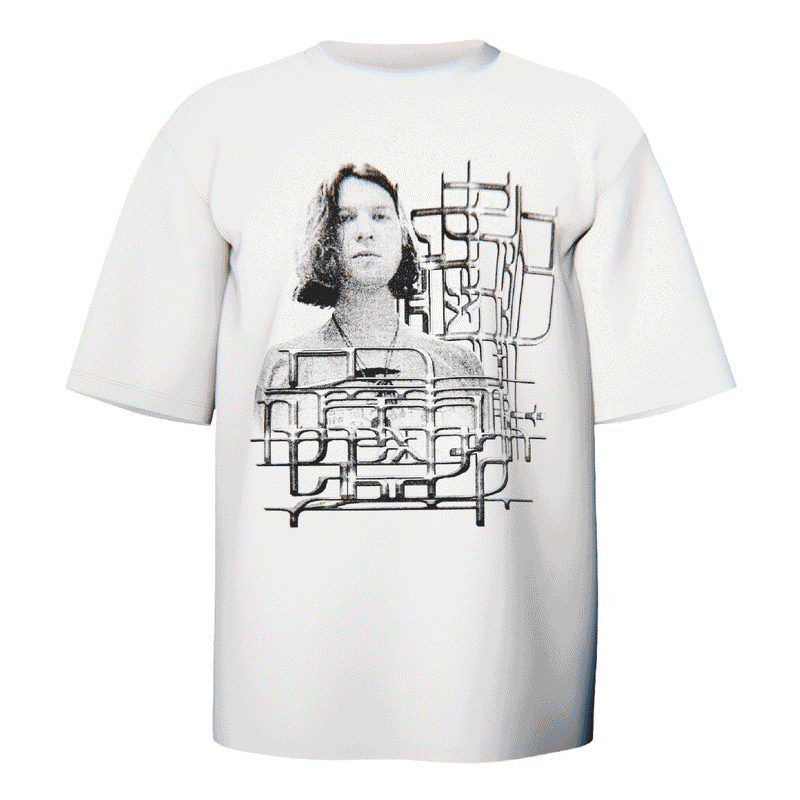 moving image of Vintage-inspired tee showing a grayscale face surrounded by abstract, techy line art.