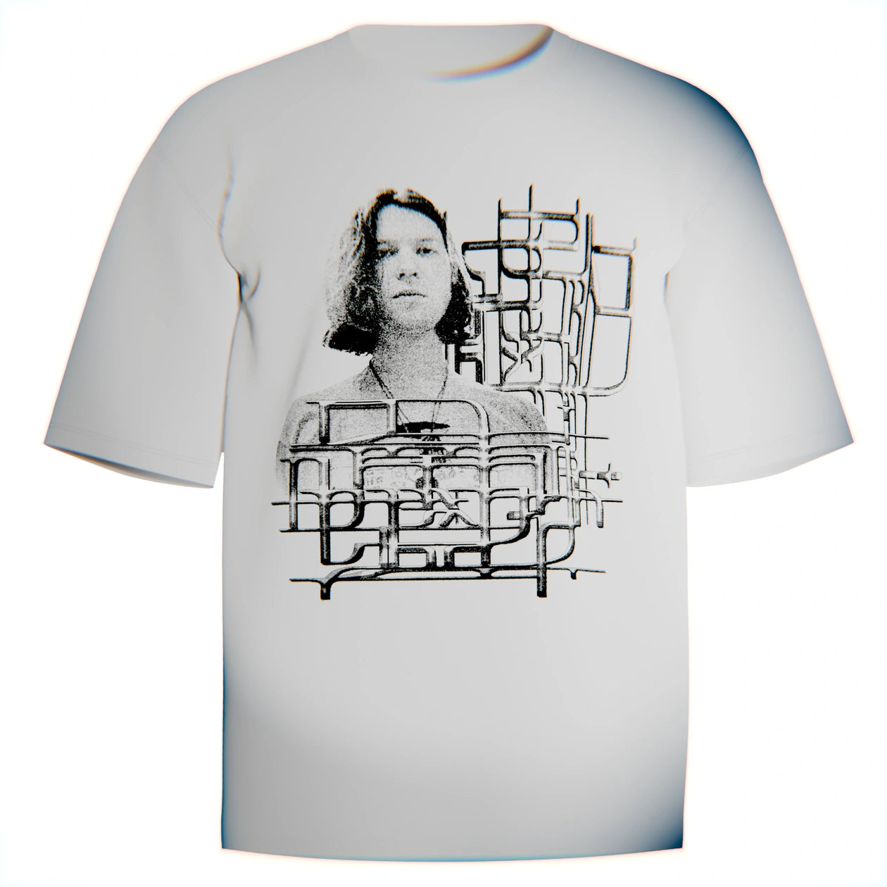 White t shirt with image of aphex twin accompanied by complex typography in the shape of cascading wires and lines reading "Aphex Twin"