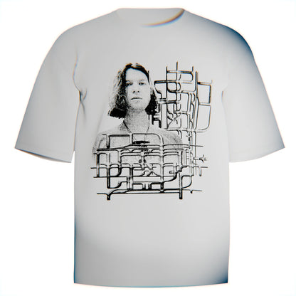 White t shirt with image of aphex twin accompanied by complex typography in the shape of cascading wires and lines reading "Aphex Twin"