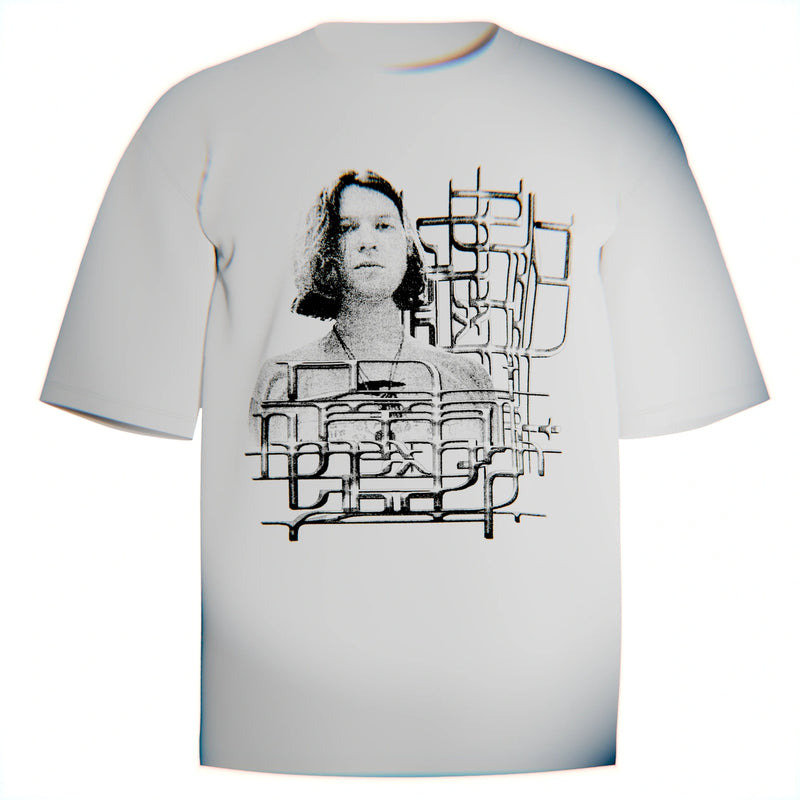 White t shirt with image of aphex twin accompanied by complex typography in the shape of cascading wires and lines reading "Aphex Twin"