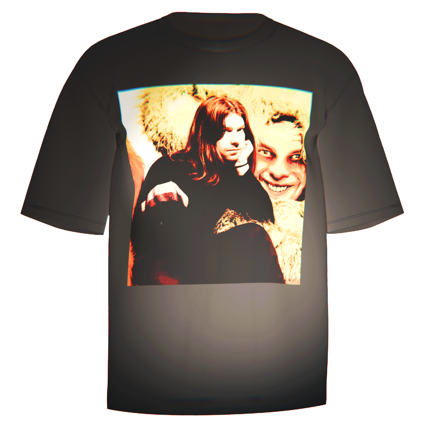 Flat-lay of a black Aphex Twin Portrait T-Shirt featuring a detailed direct-to-garment print of Richard D. James. Made from ultra-soft Comfort Colors 100% ringspun cotton, offering a relaxed fit and breathable comfort. A perfect addition for fans of the iconic electronic music artist Aphex Twin.