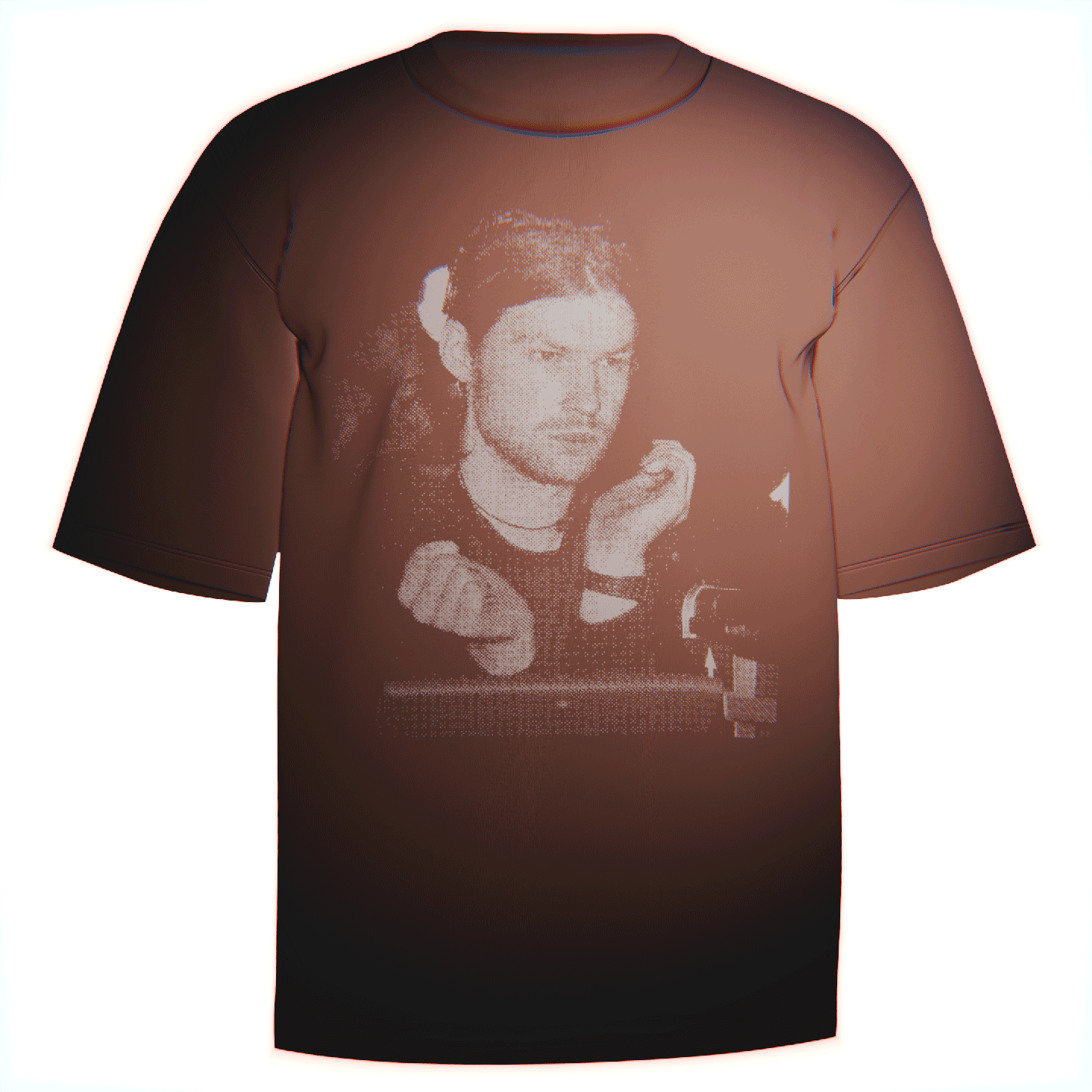 Flat-lay of a red Aphex Twin Portrait T-Shirt featuring a bold and stylized portrait of Richard D. James, also known as Aphex Twin. Made from ultra-soft Comfort Colors 100% ringspun cotton for breathable comfort and a relaxed fit. A perfect gift for fans of electronic music’s innovative genius.