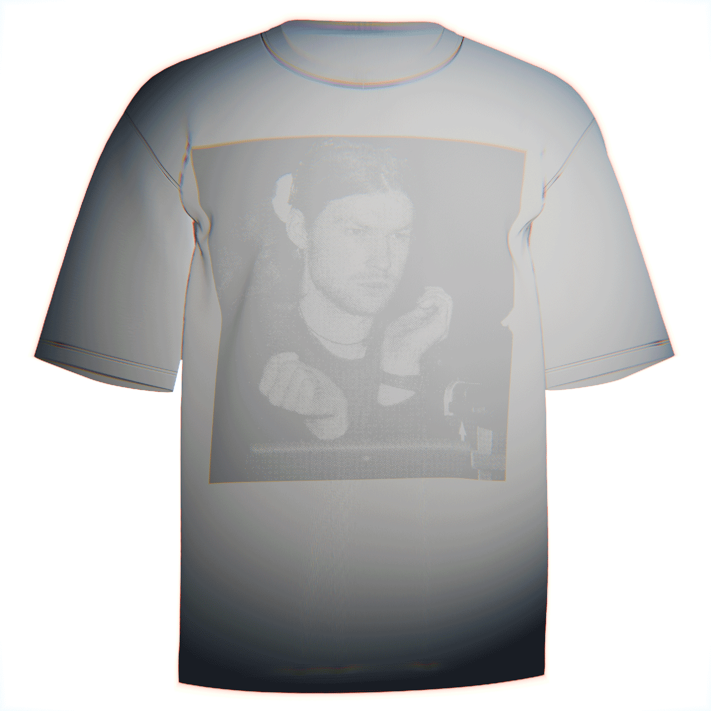 Flat-lay of a white Aphex Twin Portrait T-Shirt with a bold, stylized portrait of Richard D. James. Made in the USA from premium Comfort Colors 100% ringspun cotton for a soft, relaxed fit. Celebrate the artistry of Aphex Twin with this iconic fan merchandise.