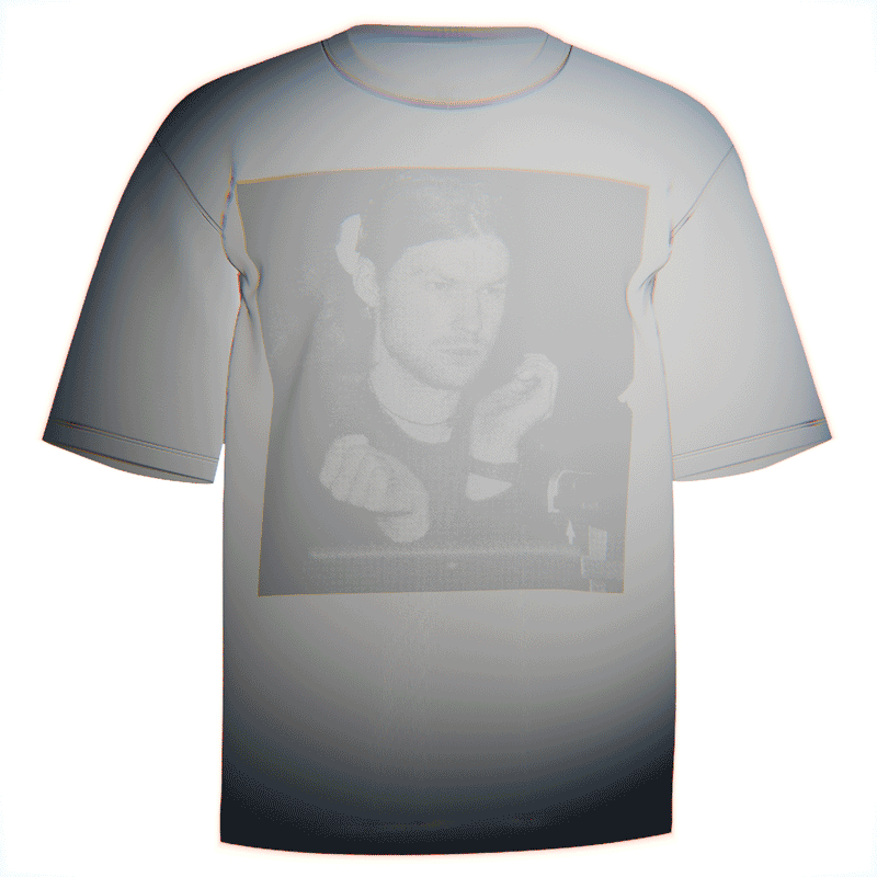 Flat-lay of a white Aphex Twin Portrait T-Shirt with a bold, stylized portrait of Richard D. James. Made in the USA from premium Comfort Colors 100% ringspun cotton for a soft, relaxed fit. Celebrate the artistry of Aphex Twin with this iconic fan merchandise.