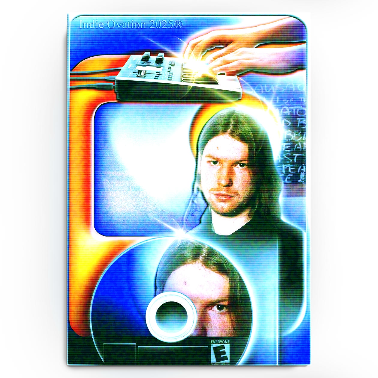 A vibrant, maximalist art poster titled "Disc Drive Drukqs" featuring a solarized portrait of Richard D. James (Aphex Twin). At the top, disembodied hands play a synthesizer. A large GameCube-style optical disc with the artist's face and an "E for Everyone" rating sits at the bottom. The design is covered in blue scanlines and neon-glow halos.