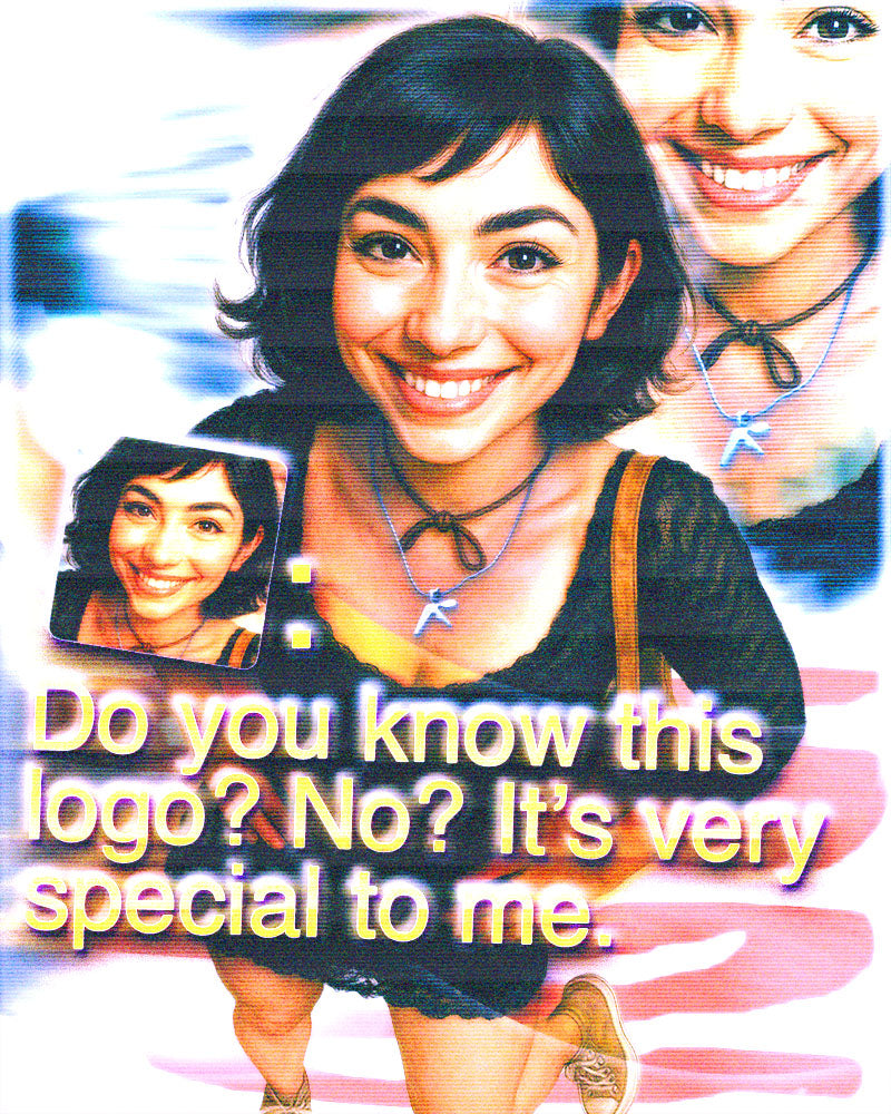 flyer of a woman wearing an aphex twin necklace, with a caption reading "Do you know this logo? No It's very special to me."
