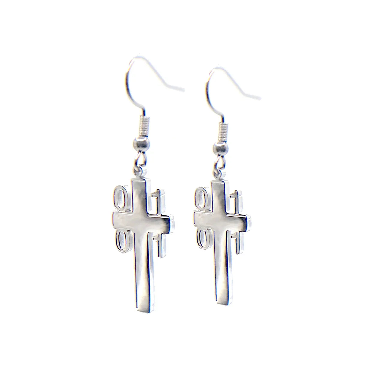 Stainless steel Binary Architect Cross Earrings featuring 0 and 1 binary details, combining modern tech style with Christian symbolism.