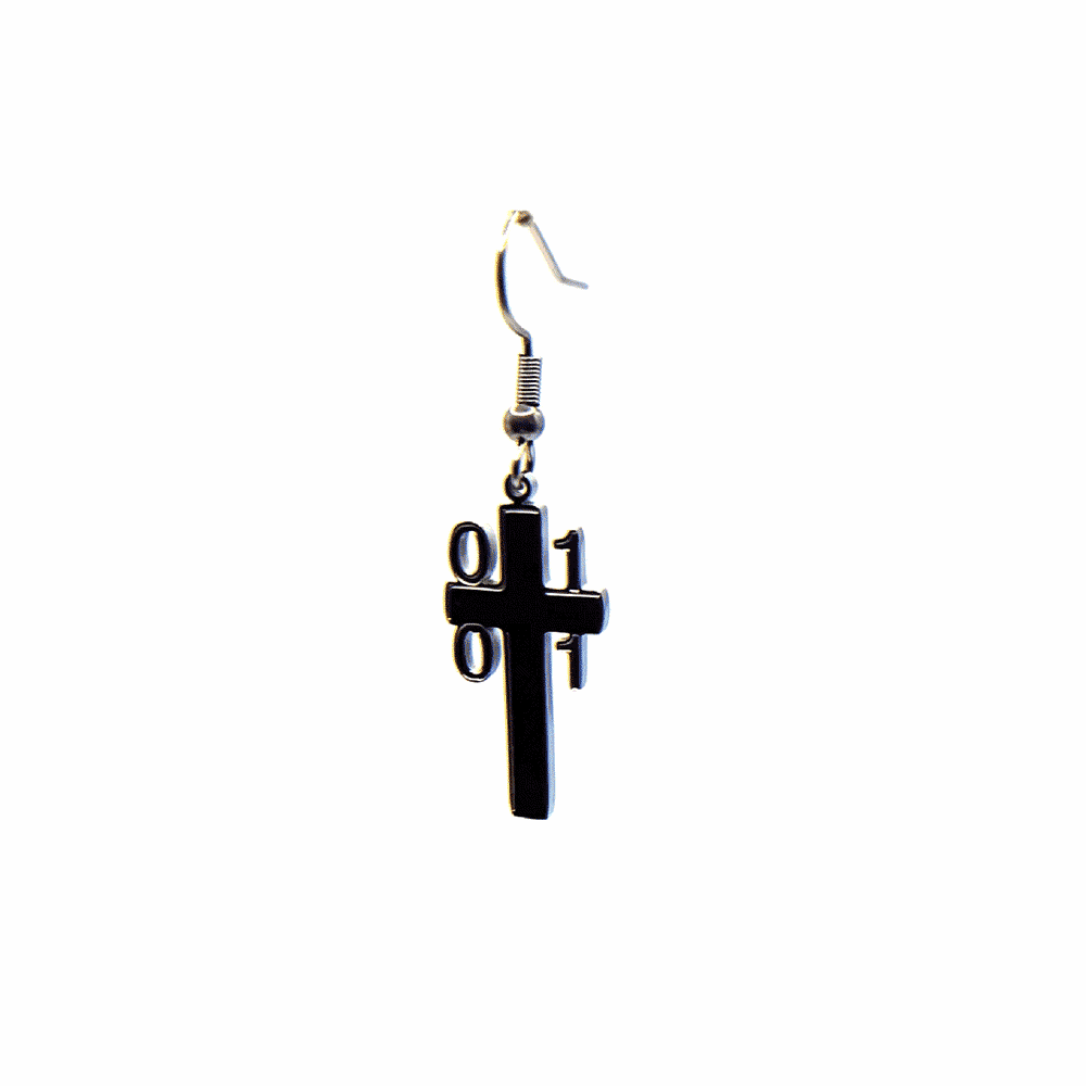 Beautiful rotating gif of a spinning cross earring with 1s and 0s on it.