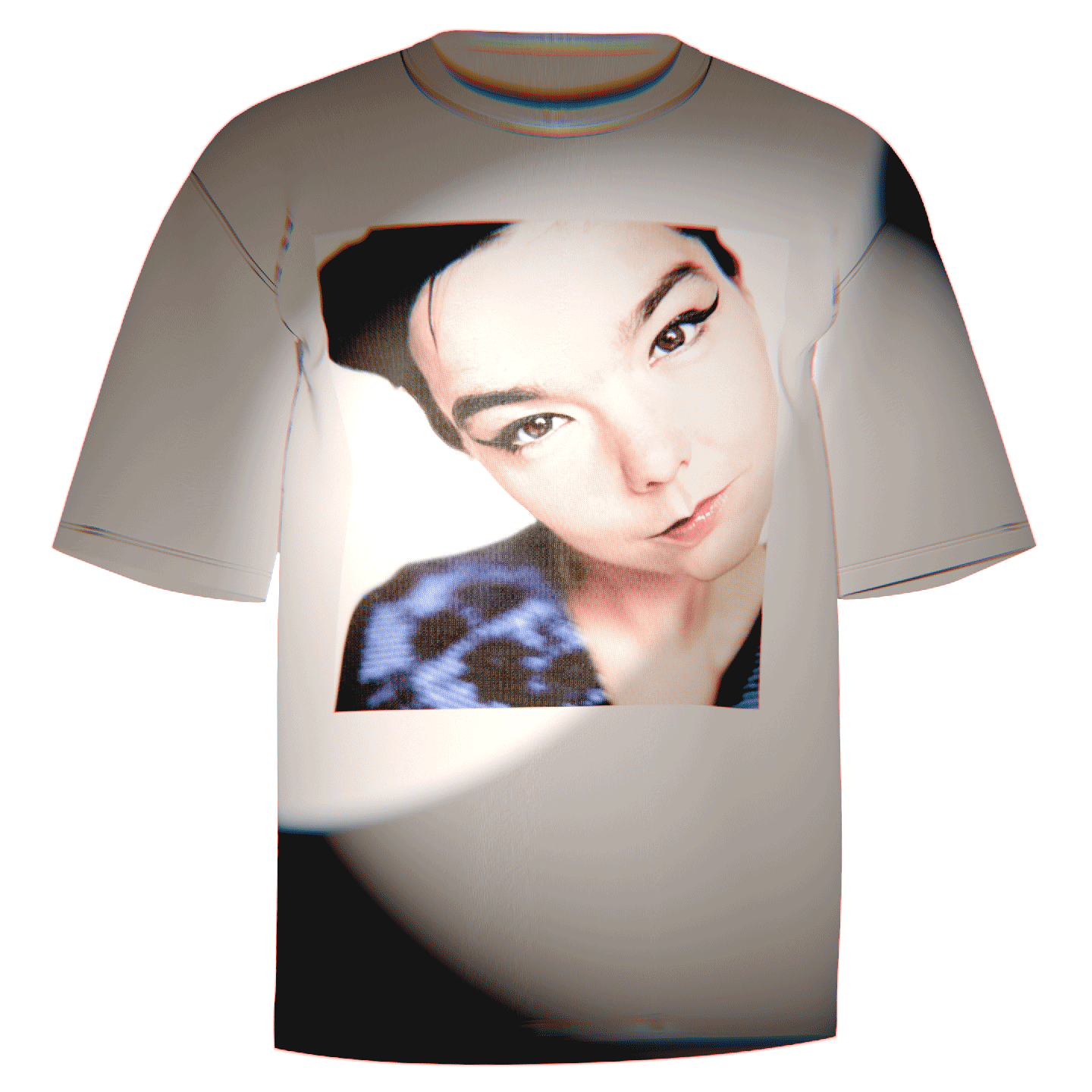 Flat-lay of a white Bjork Close Up T-Shirt showcasing a vivid and detailed close-up portrait of Bjork. Crafted from premium Comfort Colors 100% ringspun cotton for softness and durability. Perfect for fans of Bjork’s ethereal and innovative artistry.