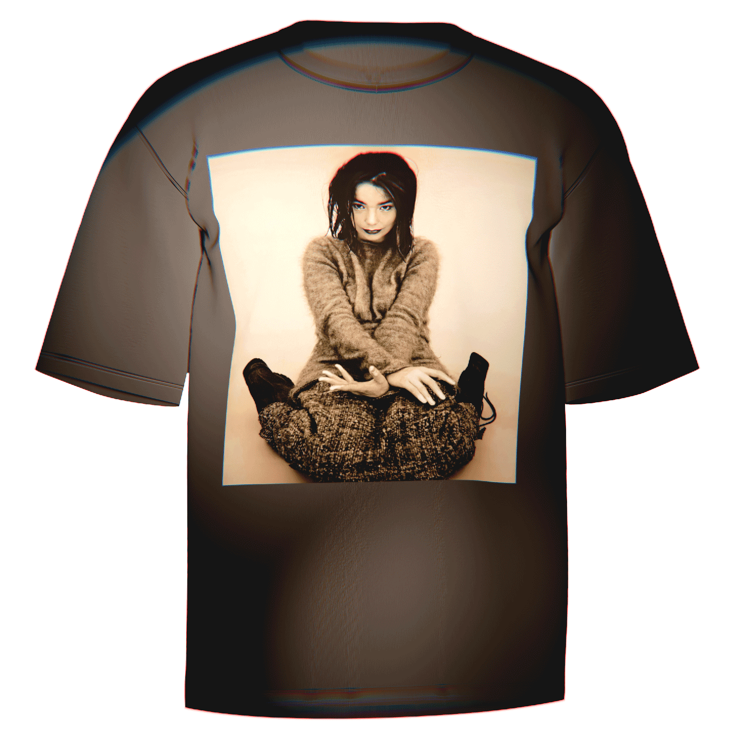 Flat-lay of a black Bjork "Debut" Portrait T-Shirt showcasing a bold and stylish print of Bjork from her Debut album photoshoot. Crafted from premium Comfort Colors 100% ringspun cotton for durability and all-day comfort. A must-have for fans of Bjork’s groundbreaking music.