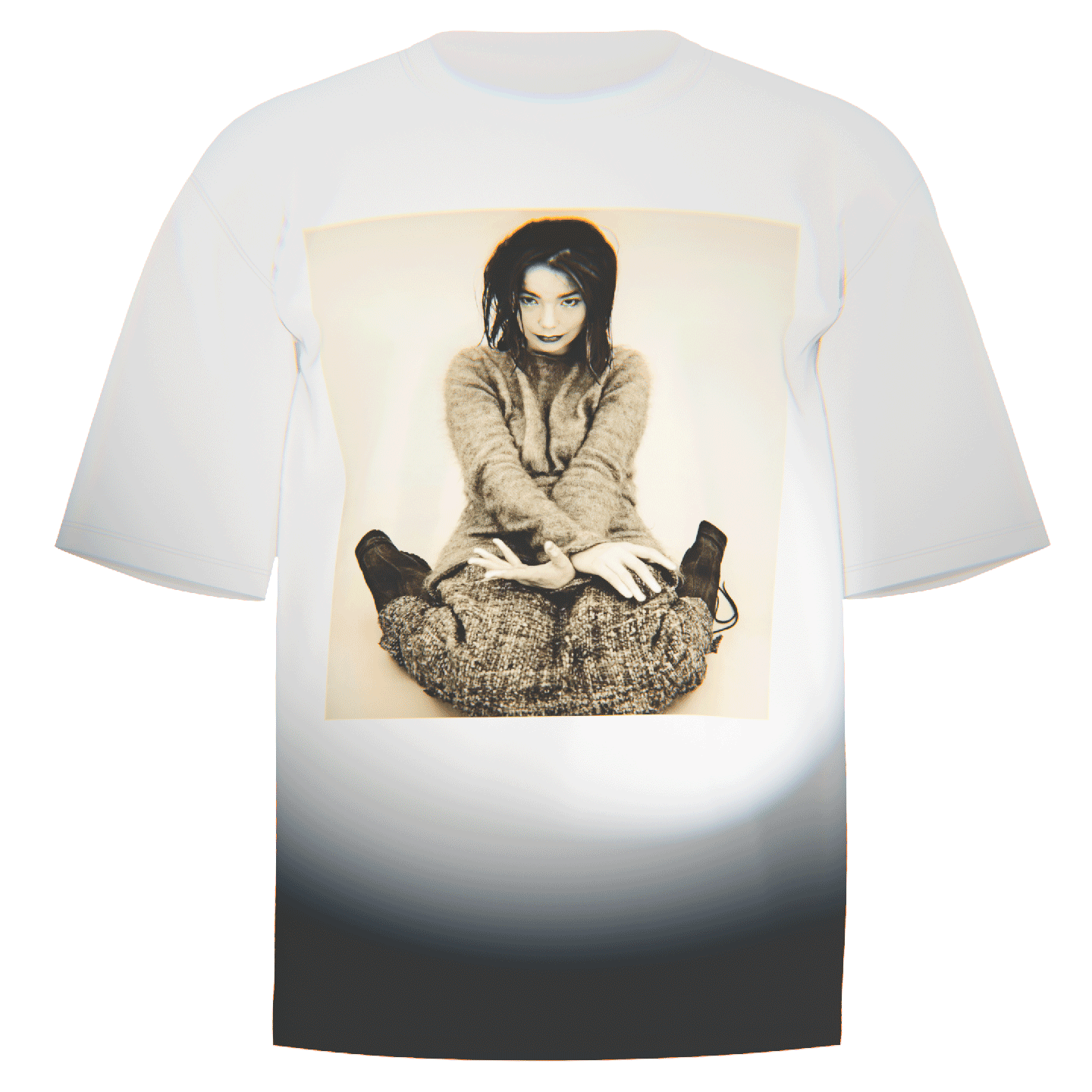 Flat-lay of a white Bjork "Debut" Portrait T-Shirt featuring a stylized portrait of Bjork from her iconic Debut album photoshoot. Made with ultra-soft Comfort Colors 100% ringspun cotton for a relaxed fit and breathable comfort. Perfect for fans of Bjork’s innovative artistry.