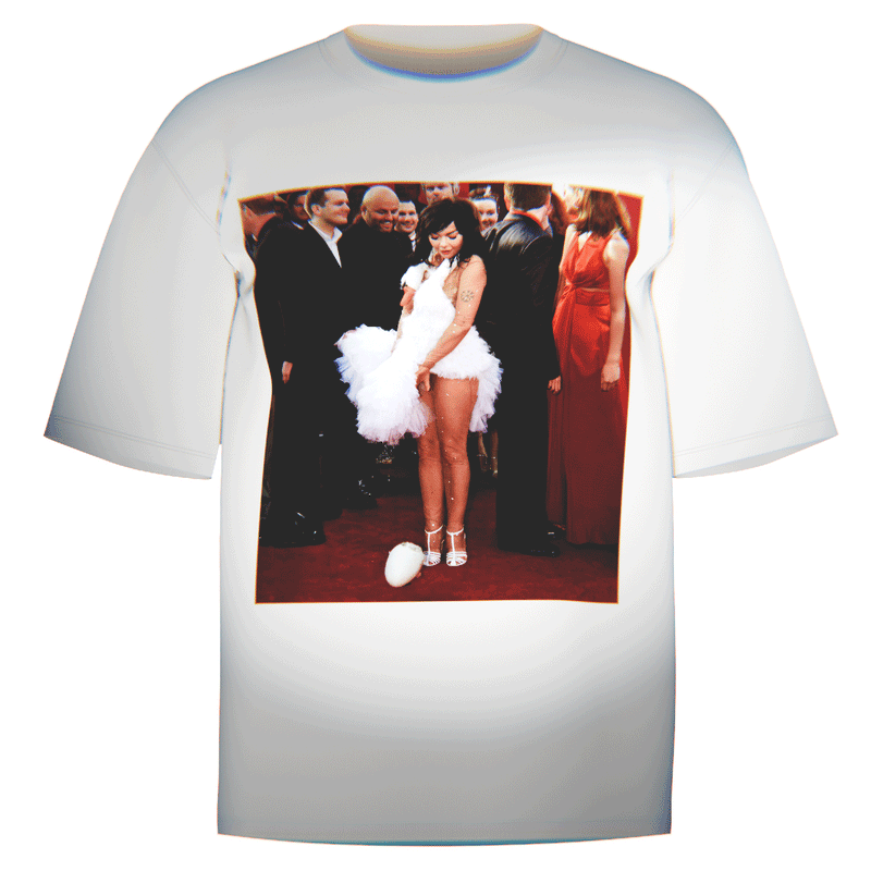 Flat-lay of a white Bjork Goose Dress Portrait T-Shirt showcasing a striking print of Bjork in her legendary goose dress. Crafted from premium Comfort Colors 100% ringspun cotton for softness and durability. Perfect for fans celebrating Bjork’s groundbreaking artistry and unforgettable style.