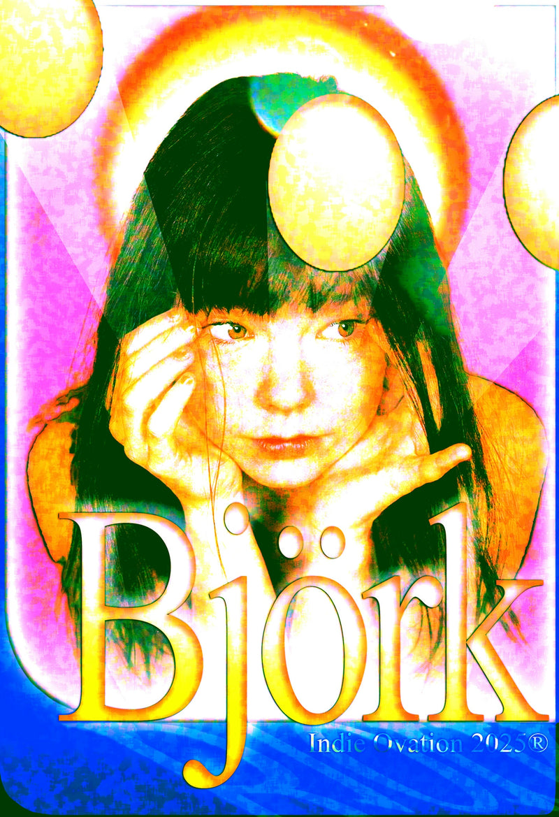 A vibrant, maximalist art poster titled "Solaris Flare" featuring a solarized portrait of the artist Björk. She is resting her chin on her hands, framed by glowing neon yellow and pink halos and floating orbs of light. The design uses high-contrast, overexposed colors and bold gold typography at the bottom that reads "Björk" and "Indie Ovation 2025."