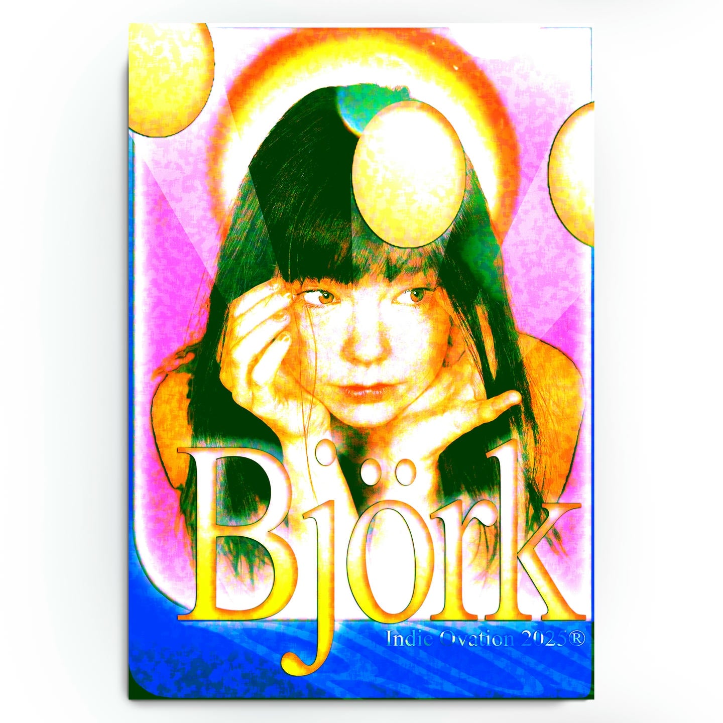 A vibrant, maximalist art poster titled "Solaris Flare" featuring a solarized portrait of the artist Björk. She is resting her chin on her hands, framed by glowing neon yellow and pink halos and floating orbs of light. The design uses high-contrast, overexposed colors and bold gold typography at the bottom that reads "Björk" and "Indie Ovation 2025."