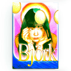 A vibrant, maximalist art poster titled "Solaris Flare" featuring a solarized portrait of the artist Björk. She is resting her chin on her hands, framed by glowing neon yellow and pink halos and floating orbs of light. The design uses high-contrast, overexposed colors and bold gold typography at the bottom that reads "Björk" and "Indie Ovation 2025."