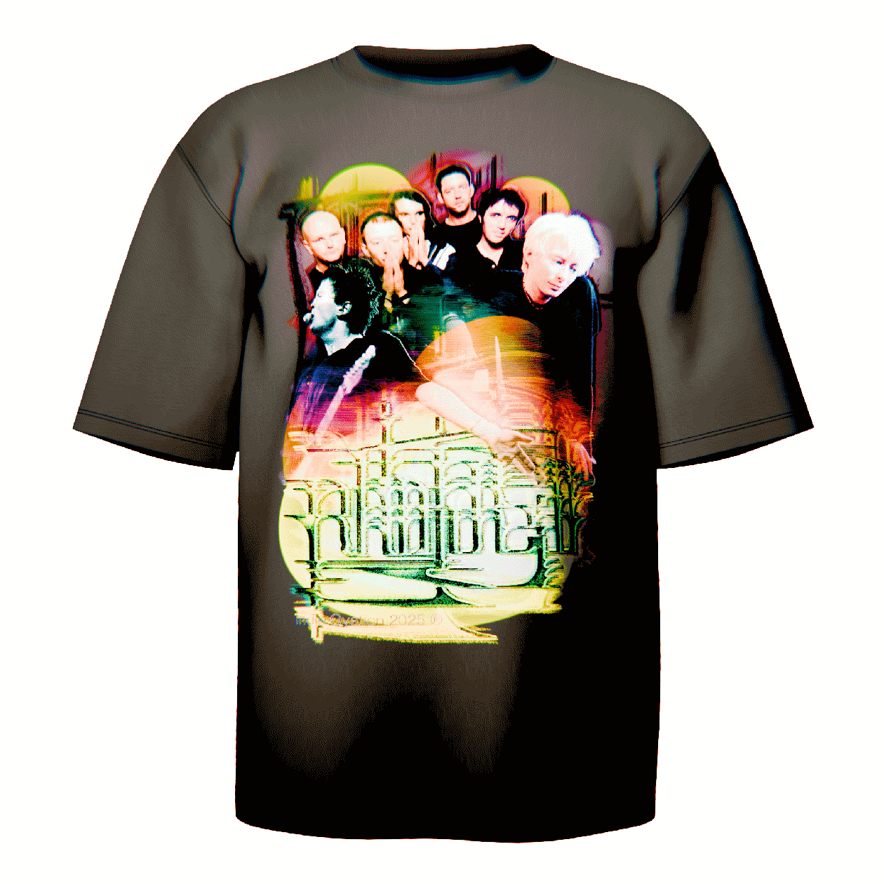 black moving radiohead band shirt with intricate typography logo