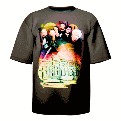 black moving radiohead band shirt with intricate typography logo