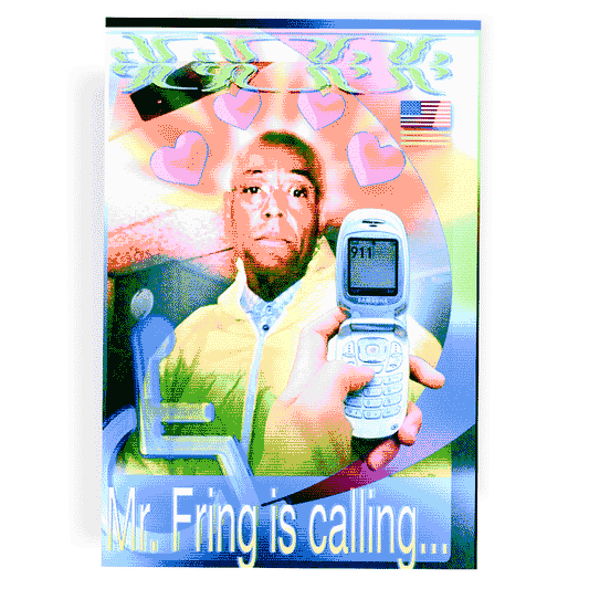 Glitch-core collage poster of Gus Fring from Breaking Bad, with rainbow halos, pixel hearts, flip phone showing 911, and VHS scanline effects. Text reads ‘Mr. Fring is calling…’ in bright colors.
